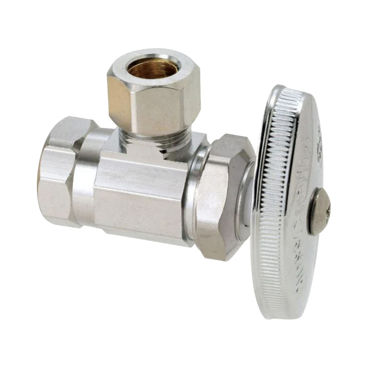 A Go Build 3/8 in. FIP Inlet x 3/8 in. Compression Outlet Multi-Turn Angle Valve - Chrome, featuring a round knurled handle for controlling water or gas flow in plumbing applications.